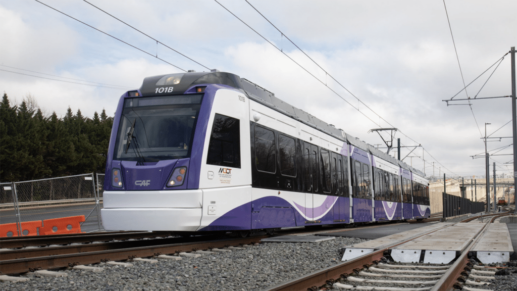 Ahead of Purple Line service launching in 2027, dynamic testing of the CAF-built light rail vehicles is under way. (Photograph Courtesy of MDOT MTA)
